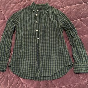 Navy and green plaid button down